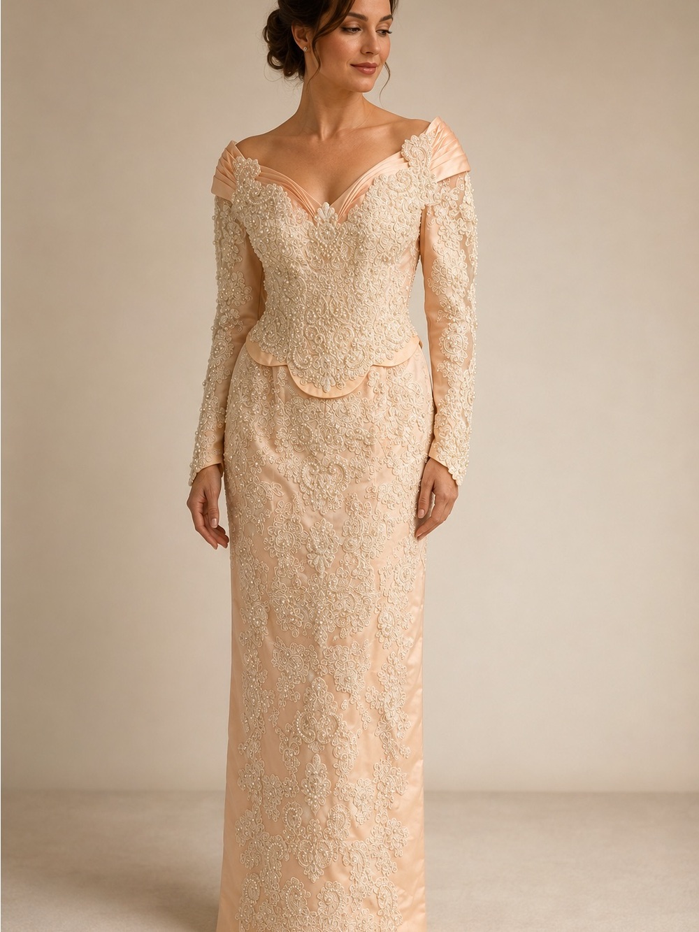 Rare Vintage Blush Beaded Lace Formal Gown XS/S evening long sleeve luxury